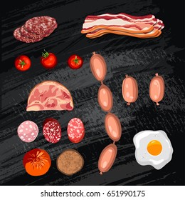 Set of sausage. Bacon. Salami. Smoked Boiled. Slices. Isolated objects on a chalk board background, vector illustration