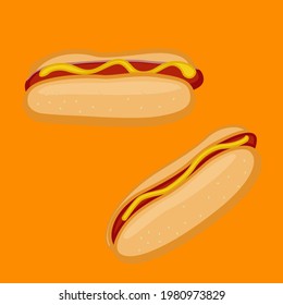 Set of sausage in a bun with mustard on a yellow isolated background. Vector drawing, illustration in a flat style, cartoon.