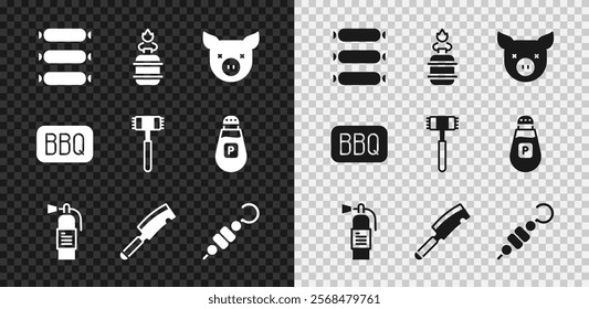 Set Sausage, Camping gas stove, Pig, Fire extinguisher, Meat chopper, Grilled shish kebab, Barbecue and Kitchen hammer icon. Vector