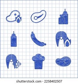 Set Sausage, Chef hat, Steak meat, Grilled fish steak and fire flame, Fresh frozen, Sauce bottle,  and  icon. Vector