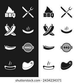 Set Sausage, Crossed hot chili pepper pod, Barbecue fire flame, fork and knife, Hot, grill, Steak meat and Hotdog sandwich icon. Vector