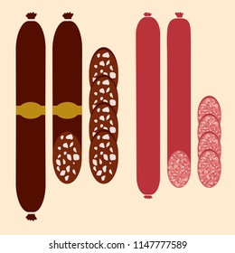 Set sausage, cut sausage, isolated on white background, vector illustration, 