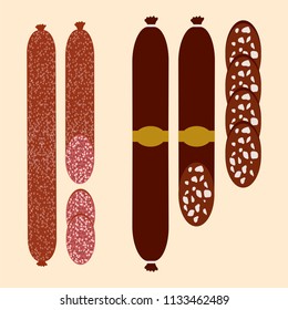 Set of sausage, cut sausage, pieces of sausage, isolated, vector illustration