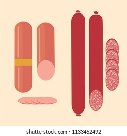 Set of sausage, cut sausage, pieces of sausage, isolated, vector illustration