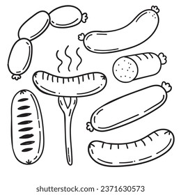 Set of sausage doodles on a white background. Hand-drawn sausage vector illustrations