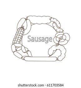 Set of sausage. Drawn with a brush. The culinary isolated background.