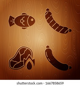 Set Sausage, Fish, Grilled steak meat and fire flame and Sausage on wooden background. Vector