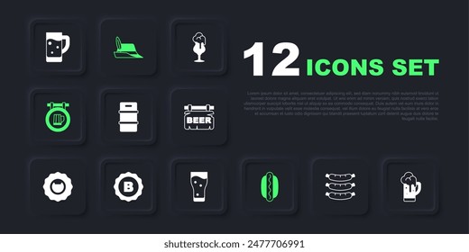 Set Sausage, Glass of beer, Metal keg, Hotdog sandwich, Street signboard with, Bottle cap, Oktoberfest hat and  icon. Vector