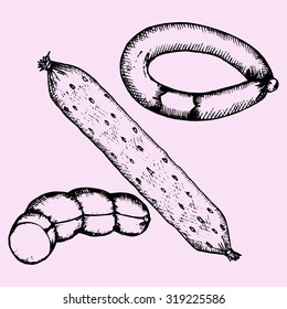 set of sausage, hand drawn, doodle style, sketch illustration