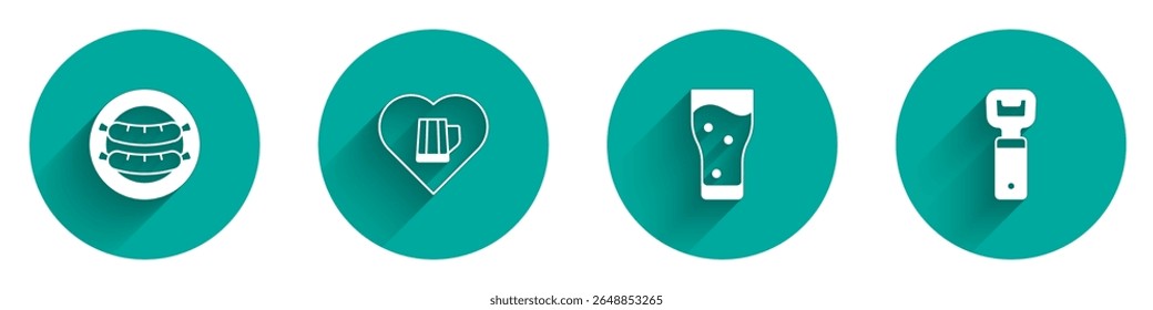 Set Sausage, Heart with glass of beer, Glass and Bottle opener icon with long shadow. Vector