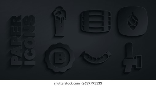 Set Sausage, Hop, Bottle cap with beer, Beer tap, Wooden barrel and Glass of icon. Vector