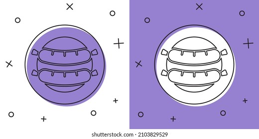 Establece el icono de salchicha aislado en fondo blanco y violeta. Salchichas a la parrilla y letrero de aroma.  Vector
