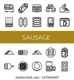 Set of sausage icons. Such as Slicer, Bacon, Burrito, Sausage, Cheeseburger, Fast food, Meatloaf, Mincer, Oktoberfest, Sandwich, Ham, Bean toasting, Ribs, Nuggets , sausage icons
