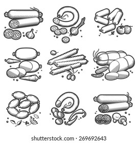 Set of sausage icons. Vector.