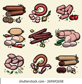 Set of sausage icons. Vector.