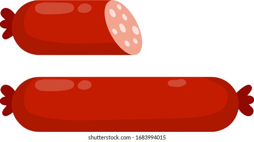 Set of sausage. Meat food. Red nutrient object. Sliced half of bologna for a sandwich. Cartoon flat illustration
