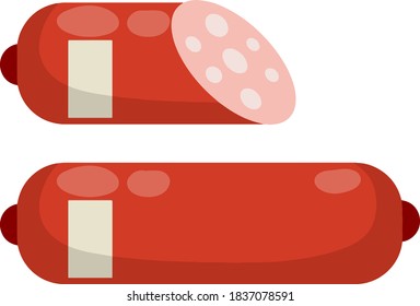 Set of sausage. Meat food. Red nutrient object. Sliced half of bologna for a sandwich. Cartoon flat illustration