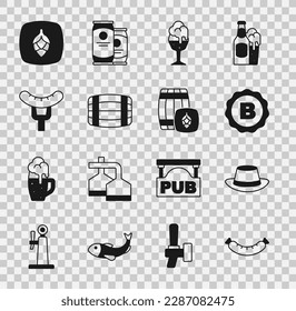 Set Sausage, Oktoberfest hat, Bottle cap with beer, Glass of, Wooden barrel, on the fork, Hop and  icon. Vector