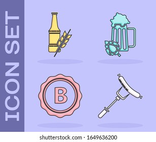 Set Sausage on the fork, Beer bottle, Bottle cap with inscription beer and Glass of beer and hop icon. Vector