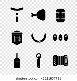 Set Sausage on the fork, Chicken leg, Beer can, bottle, Bottle opener, Accordion, Signboard with glass of beer and  icon. Vector