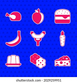 Set Sausage on the fork, Cracker biscuit, Cheese, Carrot, Jelly cake, Banana, Burger and Roasted turkey chicken icon. Vector