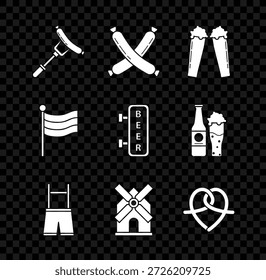 Set Sausage on the fork, Crossed sausage, Glass of beer, Lederhosen, Windmill, Pretzel, National Germany flag and Street signboard with inscription Beer icon. Vector