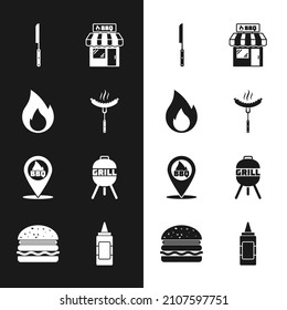 Set Sausage on the fork, Fire flame, Barbecue knife, shopping building, Location with barbecue, grill, Mustard bottle and Burger icon. Vector