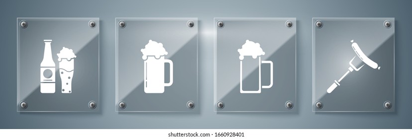 Set Sausage on the fork, Glass of beer, Glass of beer and Beer bottle and glass. Square glass panels. Vector