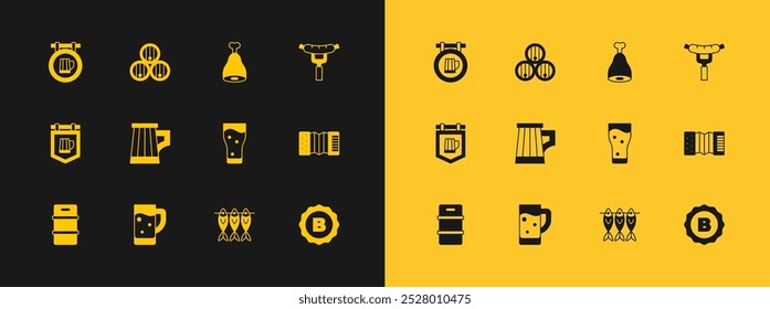 Set Sausage on the fork, Glass of beer, Dried fish, Wooden mug, Chicken leg, Street signboard with and barrel icon. Vector