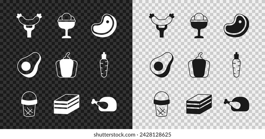 Set Sausage on the fork, Ice cream in bowl, Steak meat, waffle, Piece of cake, Roasted turkey chicken, Avocado fruit and Bell pepper icon. Vector