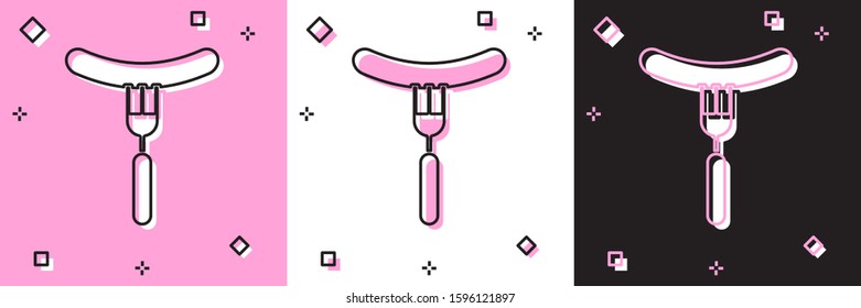 Set Sausage on the fork icon isolated on pink and white, black background. Grilled sausage and aroma sign.  Vector Illustration