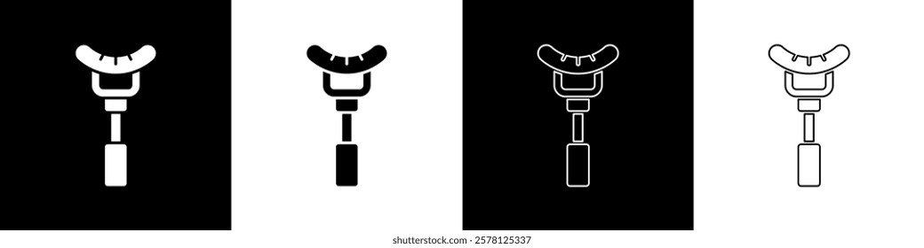 Set Sausage on the fork icon isolated on black and white background. Grilled sausage and aroma sign.  Vector