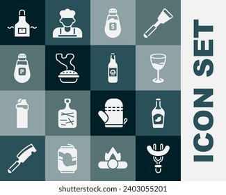 Set Sausage on the fork, Ketchup bottle, Wine glass, Salt, Homemade pie, Pepper, Kitchen apron and Beer icon. Vector