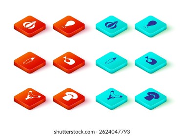 Set Sausage on the fork, Mushroom, Carrot, Roasted turkey chicken, Chicken leg and Garlic icon. Vector