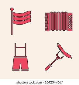Set Sausage on the fork, National Germany flag, Musical instrument accordion and Lederhosen icon. Vector