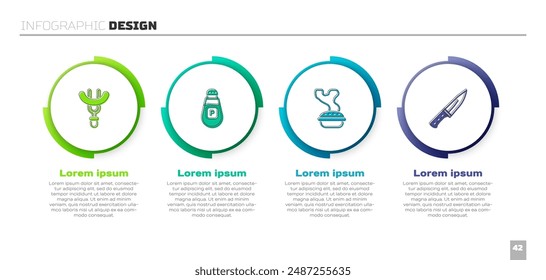 Coloca la salchicha en el tenedor, la pimienta, el pastel casero y el picador de carne. Plantilla de infografía de negocios. Vector