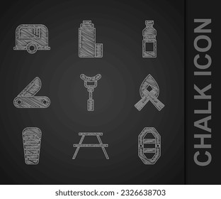 Set Sausage on the fork, Picnic table with benches, Rafting boat, Campfire, Sleeping bag, Swiss army knife, Bottle of water and Rv Camping trailer icon. Vector