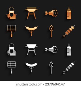 Set Sausage on the fork, Sauce bottle, Grilled shish kebab, Burning match with fire, Barbecue steel grid, Chicken leg, Kitchen apron and grill icon. Vector