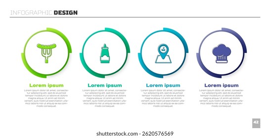 Set Sausage on the fork, Sauce bottle, Picnic location and Chef hat. Business infographic template. Vector