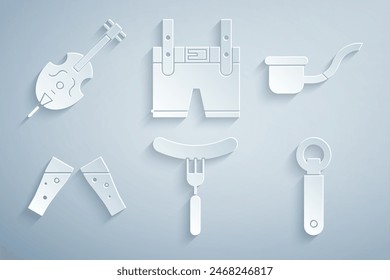 Set Sausage on the fork, Smoking pipe, Glass of beer, Bottle opener, Lederhosen and Violin icon. Vector