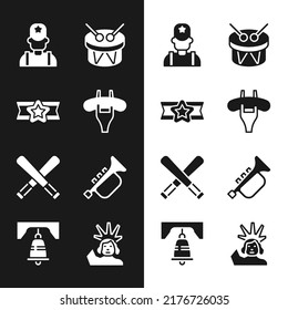 Set Sausage on the fork, Star American military, Sheriff cowboy, Drum and drum sticks, Crossed baseball bat, Trumpet, Statue of Liberty and bell in Philadelphia icon. Vector