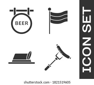 Set Sausage on the fork, Street signboard with inscription Beer, Oktoberfest hat and National Germany flag icon. Vector