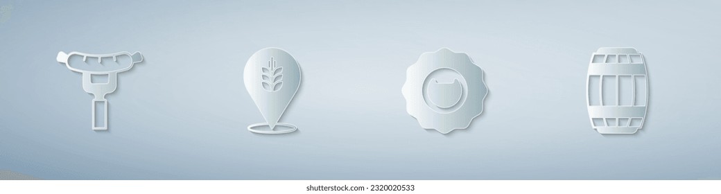Set Sausage on the fork, Wheat, Bottle opener and Wooden barrel. Paper art style. Vector