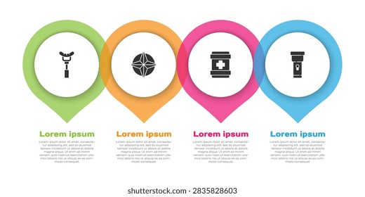 Set Sausage on the fork, Wind rose, First aid kit and Flashlight. Business infographic template. Vector