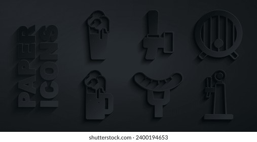 Set Sausage on the fork, Wooden barrel, beer mug, Beer tap,  and Glass of icon. Vector
