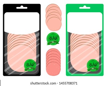 Set of sausage packaging with a sign of bio quality. Vector isolates on a white background.