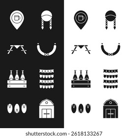 Set Sausage, Picnic table with benches, Alcohol or beer bar location, Braid, Pack of bottles, Carnival garland flags, Farm House and Pistachio nuts icon. Vector