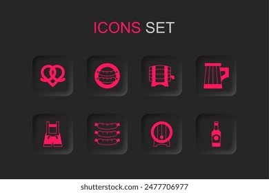 Set Sausage, Pretzel, Wooden barrel on rack, beer mug, Beer bottle,  and Lederhosen icon. Vector