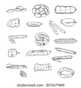 A set of sausage products and meat delicacies. Sausages, bacon, lard, salami in sketch style.