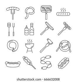 Set of sausage Related Vector Line Icons. Contains such icon as frankfurter, hot dog, grill, spices, ketchup, sauces, fast food, mustard